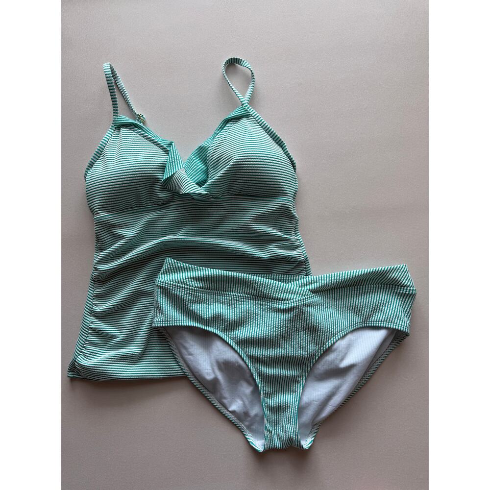 Lauren Ralph Lauren  Women's Green White Seersucker Striped Tankini Set Size 12